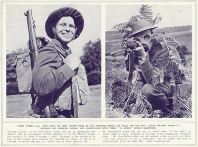 Tommy Atkins, con una sonrisa alegre y en orden de marcha completo y con máscara de gas protectora y camuflaje, listo para la batalla, de The Illustrated War News, publicado el 8 de noviembre de 1939 de English Photographer